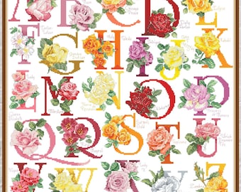 Cross stitch pattern Rose Sampler #3, alphabet cross stitch, nature embroidery, floral cross stitch, digital PDF file, abc cross stitch