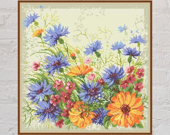 Cross stitch pattern Field Flowers #2, cushion design, flowers cross stitch, PDF file, printable, nature embroidery, summer cross stitch