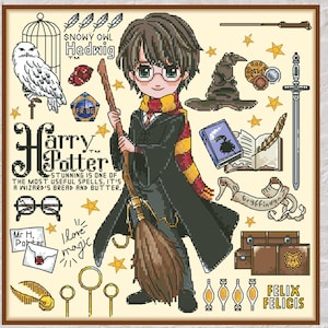 May include: A framed illustration featuring Harry Potter holding a broom, surrounded by themed elements. Includes an owl, a sorting hat, a wand, and the text "Harry Potter". The color palette includes brown, gold, and black.