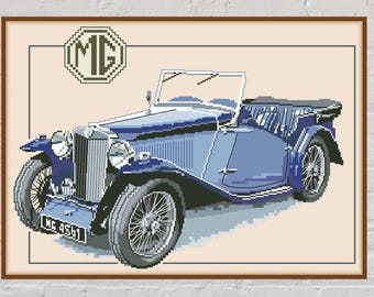 Kreuzstich Stickmuster 1936 MG NB Magnette, Auto Kreuzstich, Retro Stickerei, Automobil, antikes Auto, digitale PDF Datei, Kreuzstich Stickmuster