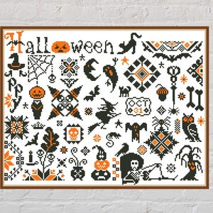 Cross stitch pattern Quaker Halloween, Halloween cross stitch, holiday embroidery, spooky sampler, horror, digital PDF file, Happy Halloween