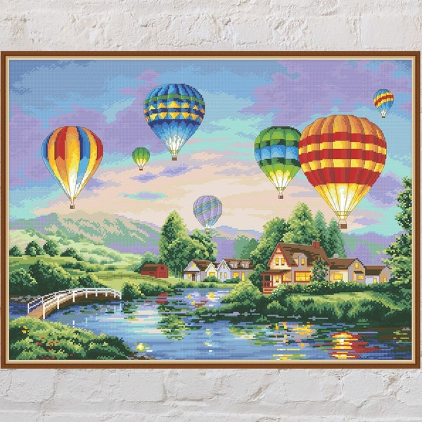 Cross stitch pattern Sunset Balloons, nature cross stitch, landscape, summer embroidery, PDF file, printable, village, river, mountains