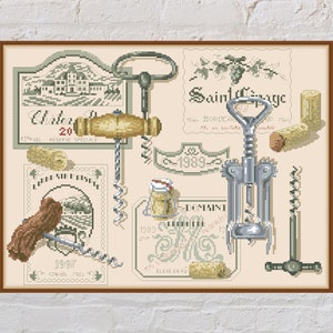 May include: A vintage-style illustration of wine-related items, including wine corks, corkscrews, and wine labels. The labels feature the names "Chateau", "Saint-Emilion", "Saint-Estephe", and "Saint-Georges".