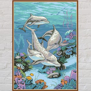 Kreuzstich Stickmuster Delfine #2, Ozean Kreuzstich, Fische Stickmuster, Meer, Natur Stickvorlage, Sommer Kreuzstich, PDF,Unterwasserwelt