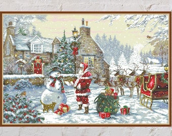 Cross stitch pattern Christmas Cottage, holiday cross stitch, Christmas cross stitch, Santa Claus, snowman, PDF file, winter cross stitch