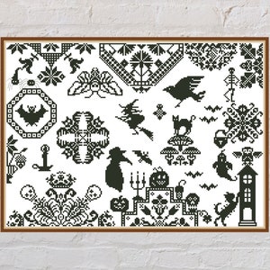May include: Black and white cross stitch pattern featuring various Halloween-themed motifs, including bats, cats, pumpkins, ghosts, and a witch on a broomstick.