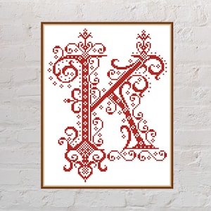 Cross stitch pattern Letter K of the Medieval Alphabet, antique cross stitch, PDF file, monogram, monochrome embroidery, font cross stitch
