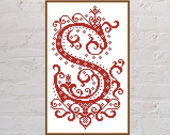 Cross stitch pattern Letter S of the Medieval Alphabet, antique cross stitch, PDF file, monogram, monochrome embroidery, font cross stitch