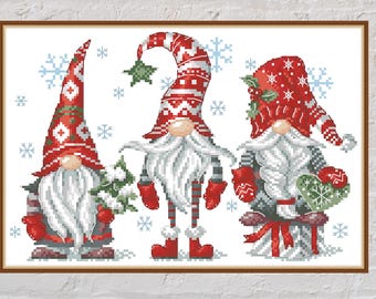 Cross stitch pattern Christmas Gnomes #3, Christmas cross stitch, holiday embroidery, Christmas decor, snowflakes, PDF file, Noel, printable