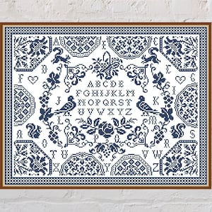 Cross stitch pattern Quaker Nature, quaker sampler, patchwork cross stitch, monochrome embroidery, folk ornament, printable PDF file