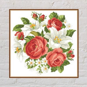 Cross stitch pattern Roses and Lilies #3, floral cross stitch, nature embroidery, vintage cross stitch,digital PDF file,flowers cross stitch
