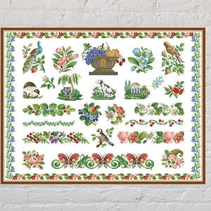 Cross stitch pattern Nature Sampler #5, floral cross stitch, nature embroidery, peacock, dog, digital PDF file, antique cross stitch