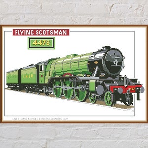 Kreuzstich Stickmuster Flying Scotsman, Zug Kreuzstich, Schnellzuglokomotive, vintage Stickerei, druckbare Kreuzstichpackung, digitale PDF-Datei