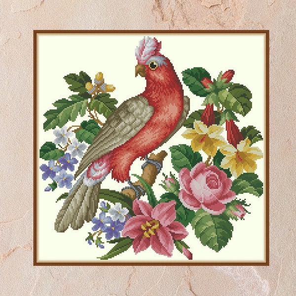 Cross stitch pattern Pink Cockatoo, nature counted cross stitch, floral embroidery, parrot cross stitch, PDF file, antique cross stitch