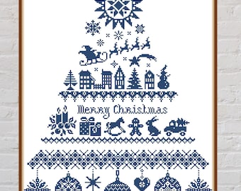 Cross stitch pattern Merry Christmas #3, Christmas cross stitch, holiday embroidery, Christmas Tree, PDF file, monochromatic, Santa Claus