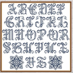 Cross stitch pattern Medieval Alphabet, letter cross stitch, monochrome embroidery, abc cross stitch, PDF file, font, antique cross stitch
