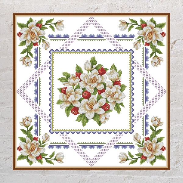 Cross stitch pattern Apple Blossom, pillow design, ornament cross stitch, digital PDF file, floral embroidery, printable cross stitch