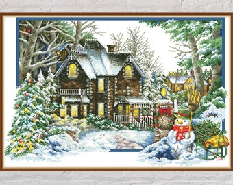 Cross stitch pattern Christmas Time #2, Christmas cross stitch, holiday embroidery, winter cross stitch, PDF, Christmas Tree, snowman, house