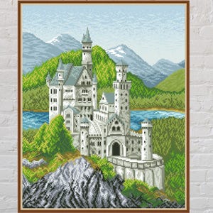 Kruissteekpatroon Neuschwanstein, kasteelkruissteek, vintage borduurwerk, natuurkruissteek, digitaal pdf-bestand, bergen, afdrukbaar