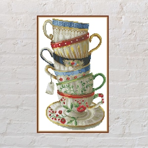 Cross stitch pattern Floral Cups, antique cross stitch, dish cross stitch, vintage embroidery, cup cross stitch, PDF file,decor cross stitch