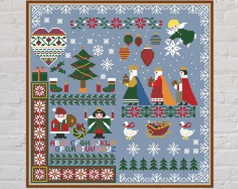 Modèle de point de croix Sampler de Noël, point de croix de Noël, broderie de vacances, point de croix abc, décorations de Noël, fichier PDF numérique