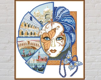 Schema punto croce Venezia, punto croce antico, ricamo vintage, maschera di carnevale, città vecchia, farfalla, file PDF digitale, stampabile