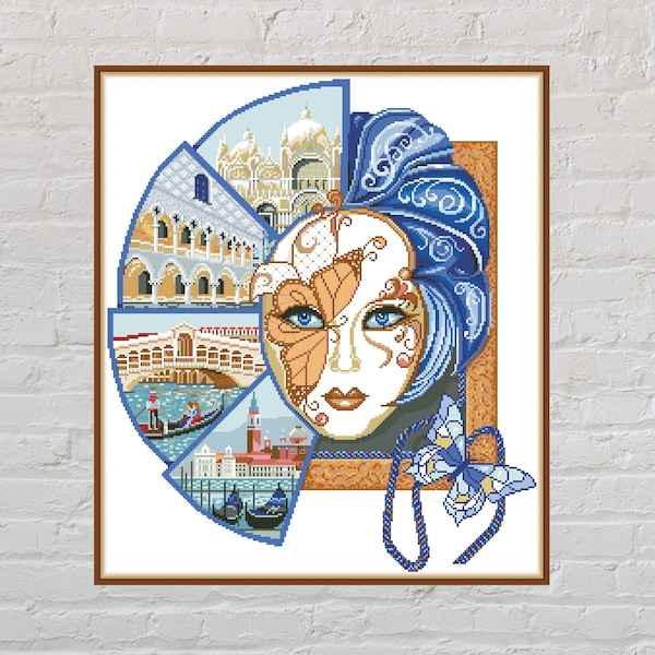 Cross stitch pattern Venice, antique cross stitch, vintage embroidery, carnival mask, old city, butterfly, digital PDF file, printable