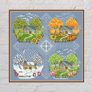 Cross stitch pattern Four Seasons #3, nature cross stitch, seasons embroidery, country house, village, digital PDF file, garden cross stitch