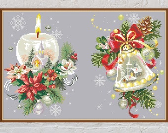 Cross stitch pattern Christmas Decor #5, Christmas cross stitch, holiday embroidery, winter cross stitch, poinsettia, candle, PDF file