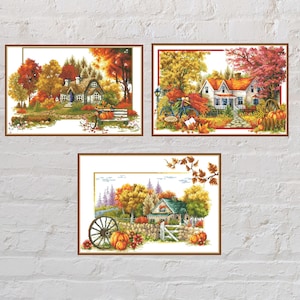 Set of 3 Autumn Time Cross stitch patterns, cross stitch bundle, fall cross stitch, nature embroidery, digital PDF file, seasons, printable