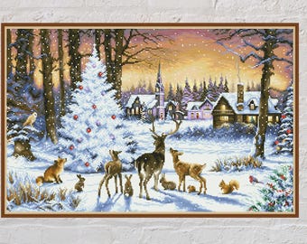 Cross stitch pattern Holy Night #2, Christmas cross stitch, holiday embroidery, PDF file, Christmas Tree, winter village, Vintage Noel
