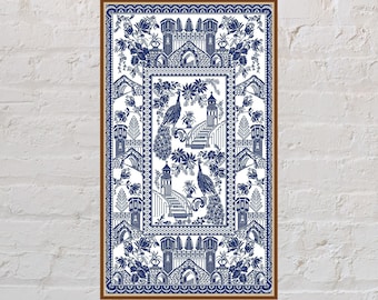 Sampler cross stitch pattern Castles and Peacocks, medieval cross stitch, large sampler, antique cross stitch, PDF file, birds cross stitch