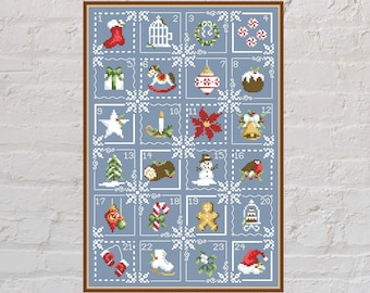 May include: A blue and white Christmas advent calendar with 24 numbered squares. Each square features a different Christmas-themed image, such as a stocking, a candy cane, a gingerbread man, and a snowman.