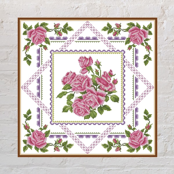 Cross stitch pattern Rose Pillow, pillow design, ornament cross stitch, digital PDF file, floral embroidery, printable cross stitch