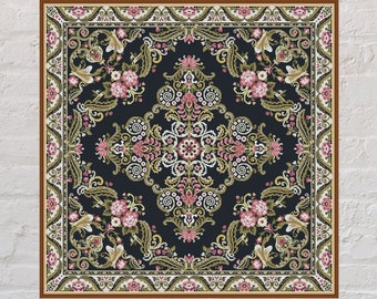 Modèle de point de croix Tapis de fleurs, motif de nappe, point de croix d'ornement, fichier PDF numérique, broderie géométrique, point de croix floral