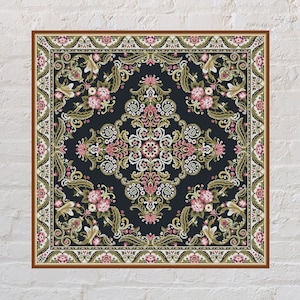 May include: A black and white patterned rug with a floral design. The rug has a brown border and is framed.