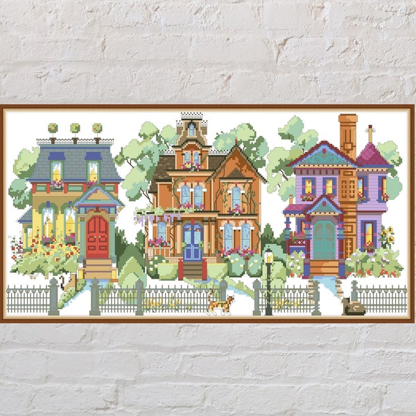 Cross stitch pattern Summer Street, house cross stitch, nature embroidery, PDF file, printable, summer cross stitch, vintage cross stitch