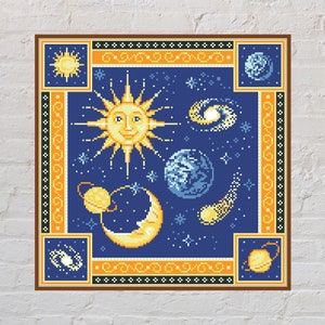 Cross stitch pattern Space Pillow, cushion design, space cross stitch, Solar System, Earth, moon, sun, Saturn, comet, star, digital PDF file