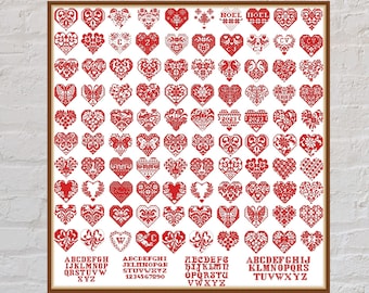 Cross stitch pattern Heart Sampler, romantic cross stitch, monochrome embroidery, PDF, printable cross stitch chart, sampler cross stitch