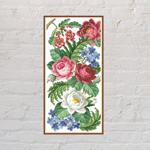 Kruissteekpatroon tuinbloemen, bloemenkruissteek, vintage kruissteek, afdrukbaar pdf-bestand, retroborduurwerk, antieke kruissteek