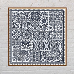 Patrón de punto de cruz Antique Sampler #8, diseño de cojín, bordado monocromático, punto de cruz imprimible, archivo PDF, punto de cruz geométrico