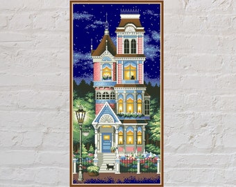 Cross stitch pattern Victorian House, vintage cross stitch, retro embroidery, night cross stitch, PDF file, printable, nature cross stitch