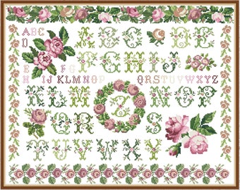 Modèle de point de croix Rose Sampler, point de croix floral, broderie nature, point de croix alphabet, fichier PDF numérique, point de croix vintage