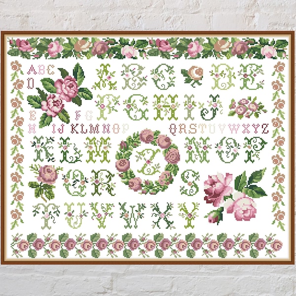 Cross stitch pattern Rose Sampler, floral cross stitch, nature embroidery, alphabet cross stitch, digital PDF file, vintage cross stitch