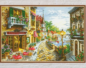 Cross stitch pattern Destination Summer #3, vintage cross stitch, old town, summer embroidery, Europe cross stitch, digital PDF file