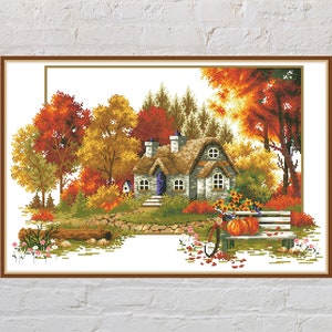 Cross stitch pattern Autumn Time, nature cross stitch, country house, seasons embroidery, digital PDF file, printable, autumn cross stitch
