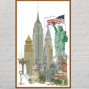 Peut inclure: Une impression encadrée représentant une illustration détaillée des monuments de New York. L'image comprend l'Empire State Building, le Chrysler Building, la Statue de la Liberté et le drapeau américain. L'œuvre est sur fond blanc.