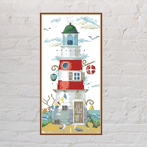Modèle de point de croix Phare, grille de point de croix océan, broderie nature, point de croix été, fichier PDF numérique, point de croix mer