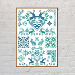 Cross stitch pattern Winter Sampler, quaker cross stitch, vintage pattern, nature embroidery, printable PDF file,reindeer, beginner friendly