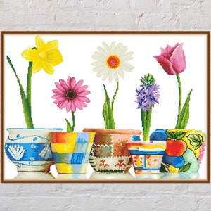 Kruissteekpatroon bloempotten, bloemen kruissteek, natuurborduurwerk, moderne kruissteek, digitaal pdf-bestand, bloemen kruissteek